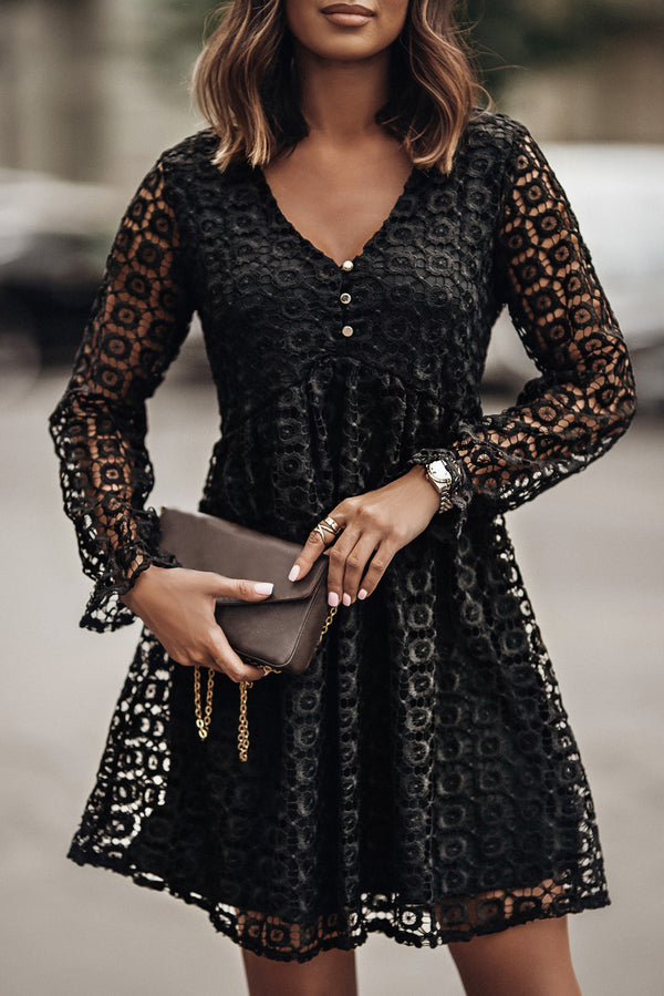 Fashion Sava | Empire Waist Lace Dress | Buttoned Design - Black