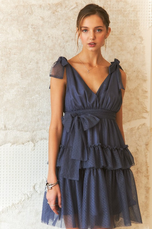 Fashion Sava | ADORA Mesh Dress | Tie Shoulder Polka Dot Styles - Dark Navy