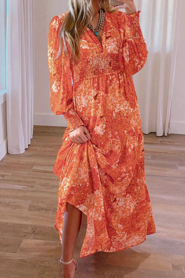 Fashion Sava | Smocked V-Neck Dress | Long Sleeve Elegance - Orange