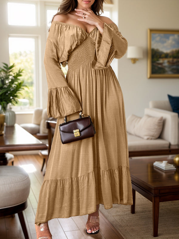 Fashion Sava | Smocked Maxi Dress | Flounce Sleeve Style - Camel