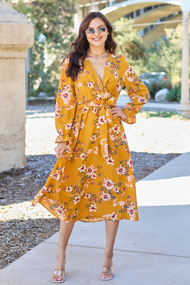 Fashion Sava | Floral Tie Back Dress | Flounce Sleeves - Caramel