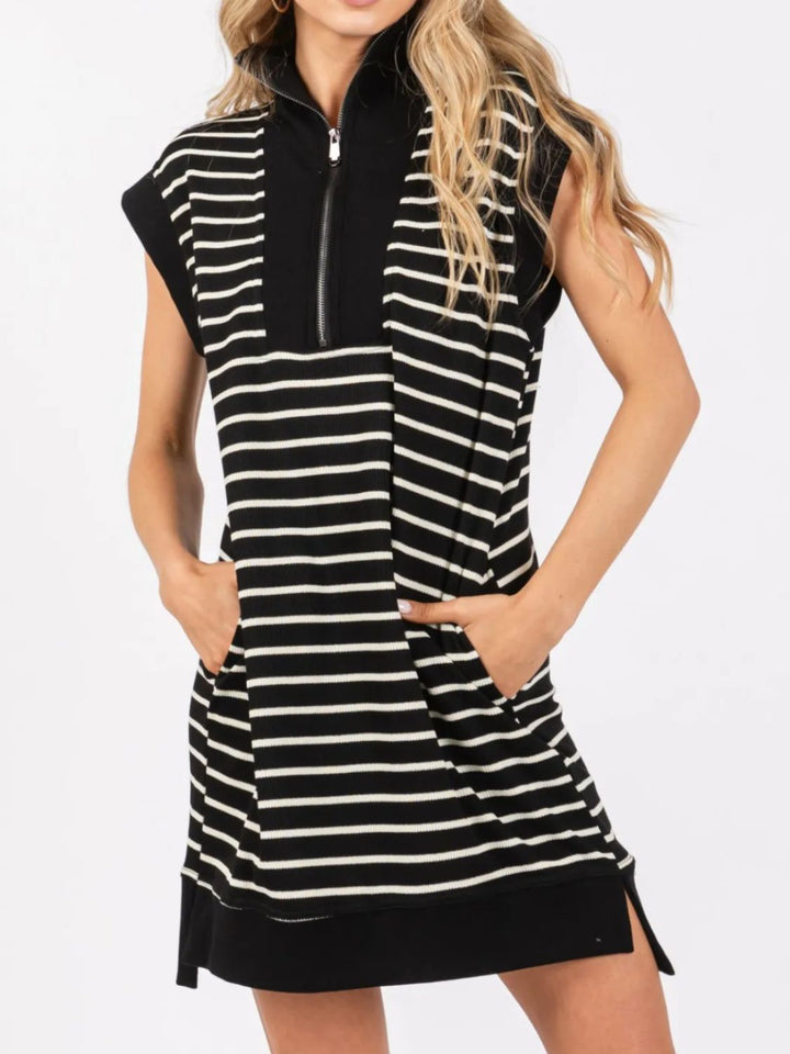 Fashion Sava | Striped Quarter Zip Dress | Pocketed & Cap Sleeve - Cream