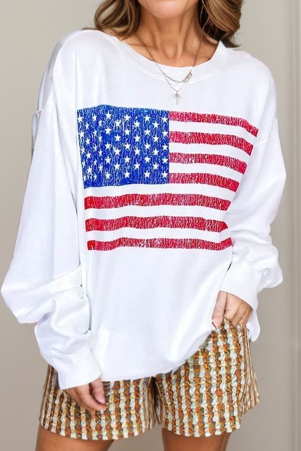 Sudadera de manga larga y cuello redondo con bandera de EE. UU.