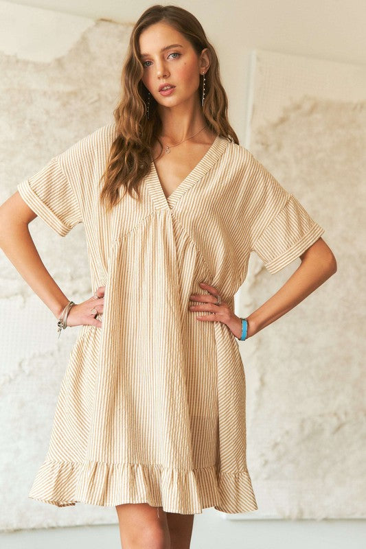 Fashion Sava | ADORA Babydoll Dress | Ruffled Hem V-Neck Stripes - Pastel Yellow