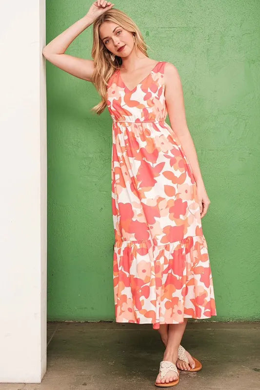 Fashion Sava | Sleeveless Floral Dress | V-Neck Midi Style