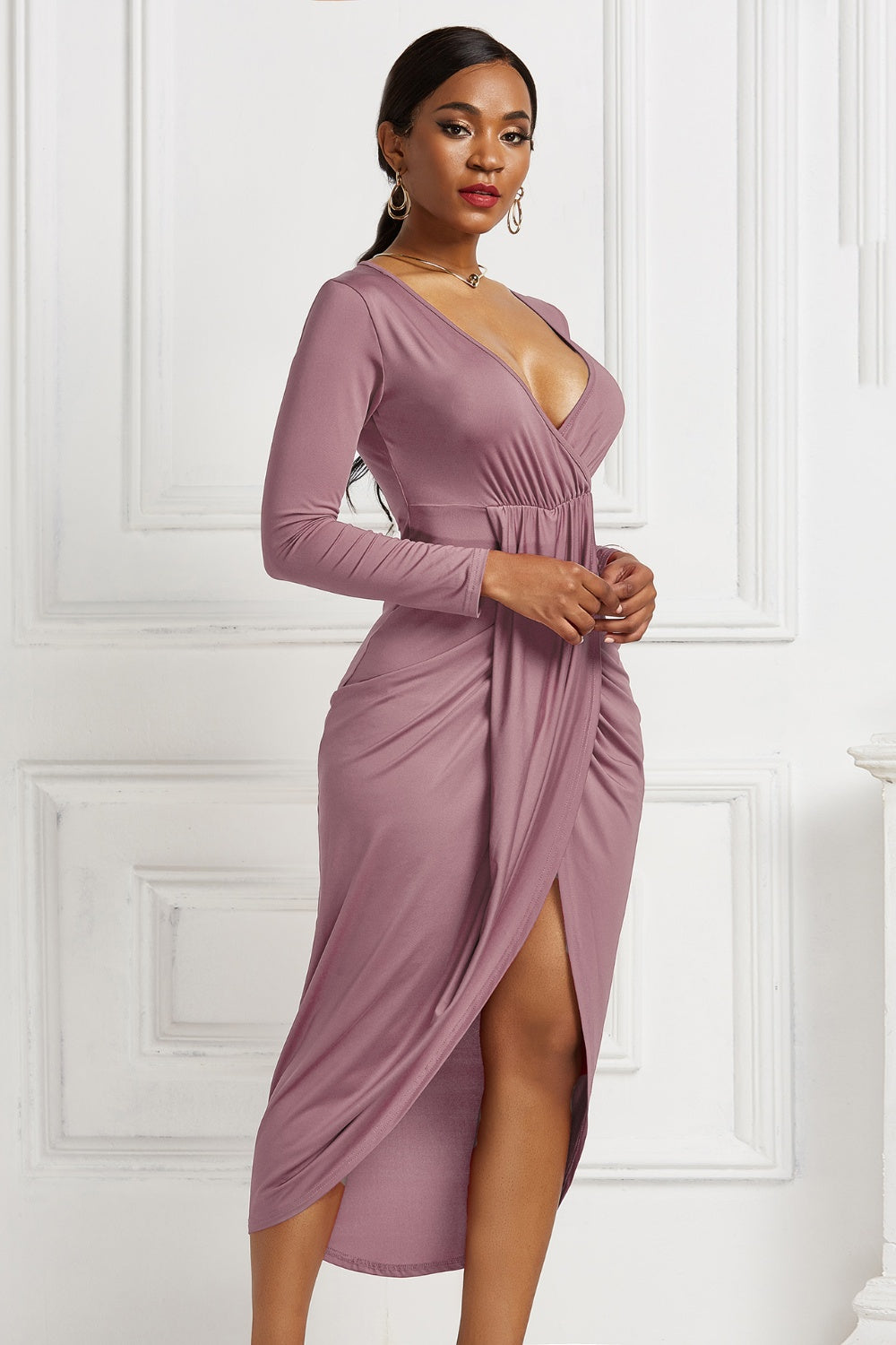 Maya Ruched Surplice Dress – MAY-A0816