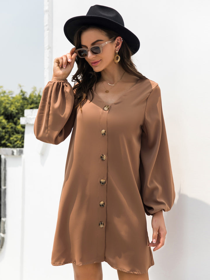 Fashion Sava | V-Neck Mini Dress | Sleek Long Sleeve Style - Caramel