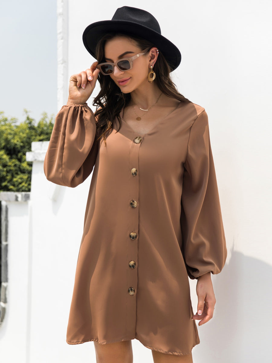Fashion Sava | V-Neck Mini Dress | Sleek Long Sleeve Style - Caramel