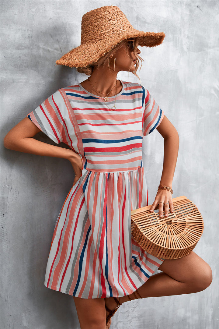 Fashion Sava | Striped Round Neck Dress | Casual Chic Wear - Navy