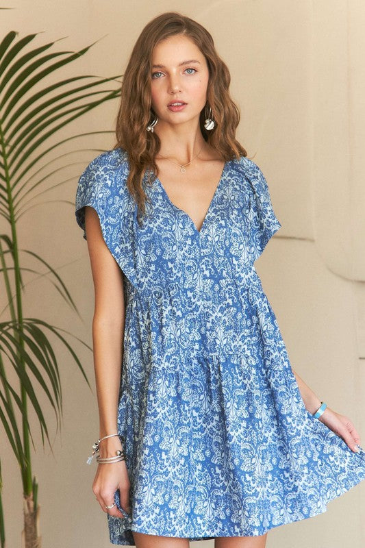 Fashion Sava | ADORA Mini Dress | V-Neck Ruffle Sleeve - Denim Blue