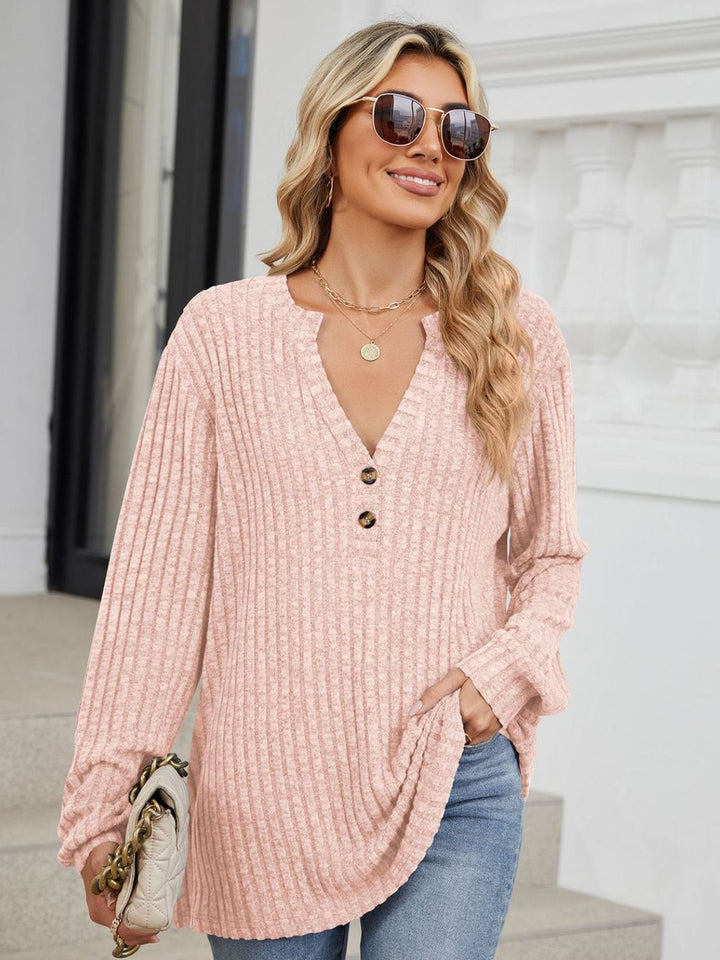 Fashion Sava | Ribbed Notched T-Shirt | Versatile Long Sleeve Top