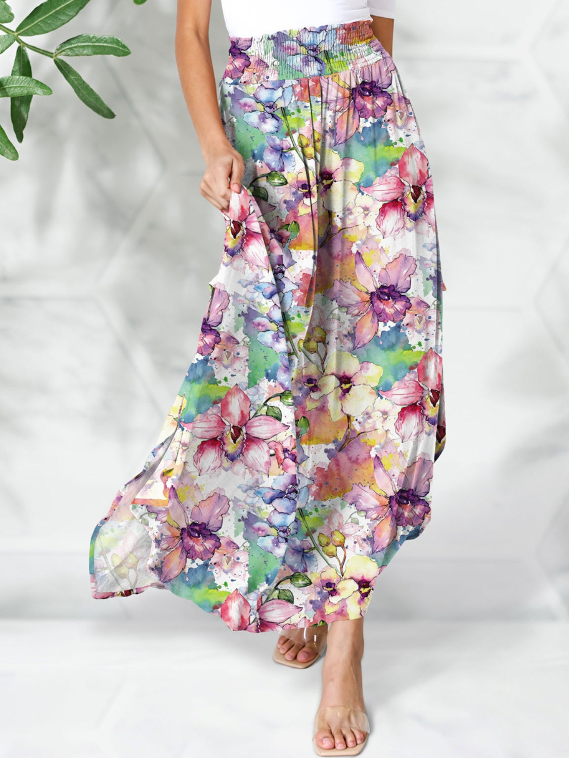 FAM-FAM Smocked Printed Elastic Waist Maxi Skirt