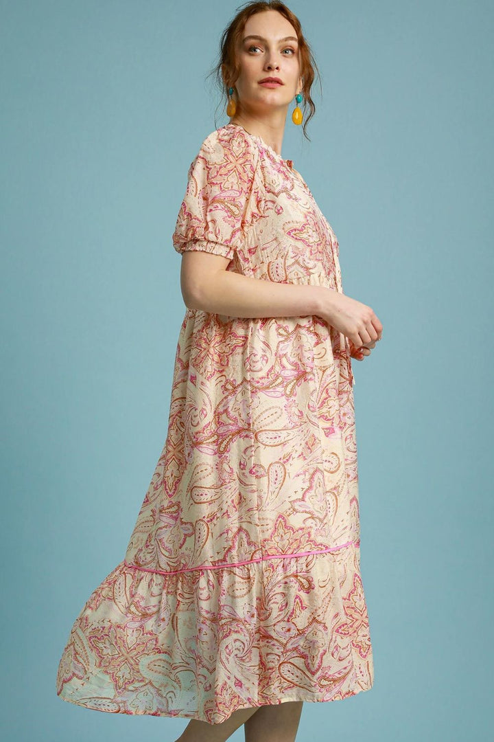 Fashion Sava | Printed Puff Sleeve Midi Dress | Plus Size - PINK MIX