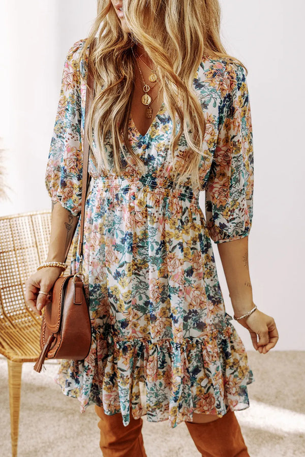 Fashion Sava | V-Neck Dress | Stylish Half-Sleeve Print - Floral