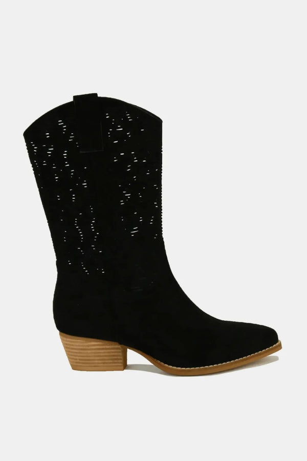 Fashion Sava | Block Heel Boots | Faux Suede Laser Cut Detail