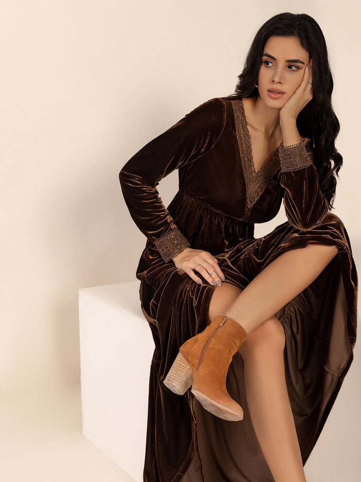 Fashion Sava | Lace V-Neck Maxi Dress | Elegant Long Sleeve - Dark Brown