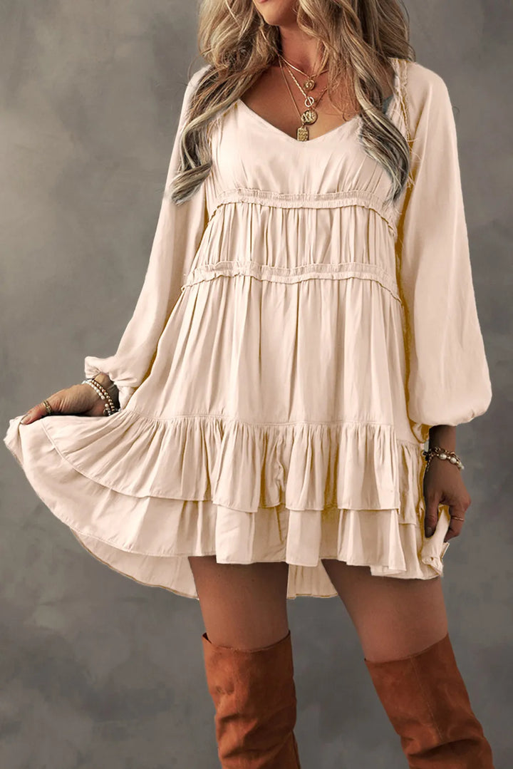 Fashion Sava | Frill Ruffle Mini Dress | Elegant V-Neck Style - Eggshell
