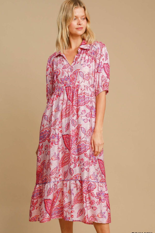 Fashion Sava | Ruffled Hem Midi Dress | Floral Paisley Print - PINK MIX