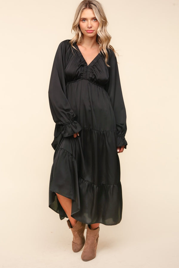 Fashion Sava | Flounce Sleeve Tiered Midi Dress | Pockets Included - Black
