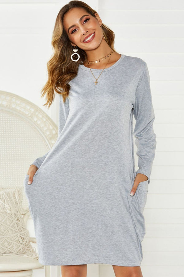 Fashion Sava | Pocketed Long Sleeve Dress | Versatile & Stylish - Light Gray