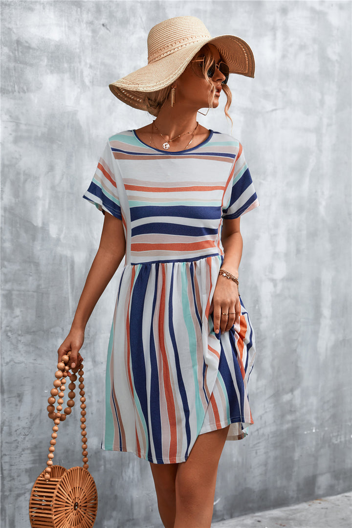 Fashion Sava | Striped Round Neck Dress | Casual Chic Wear - Coral