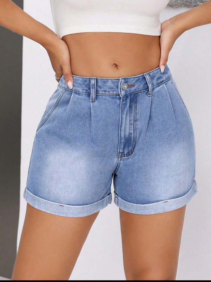 Fashion Sava | Denim Shorts | Rolled Hem Mid-Rise Waist
