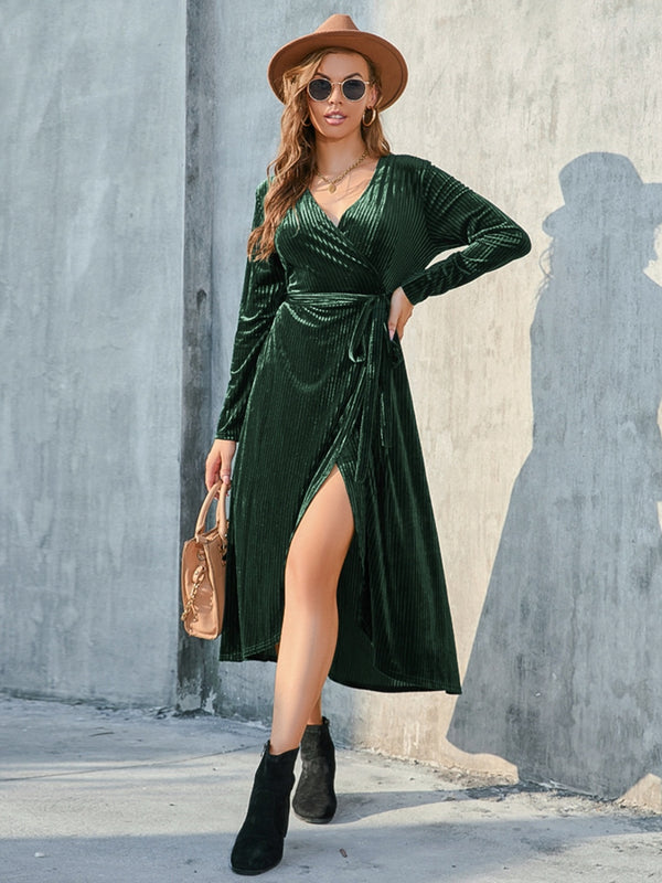 Fashion Sava | Tie Front Slit Dress | Elegant Long Sleeve Design - Green