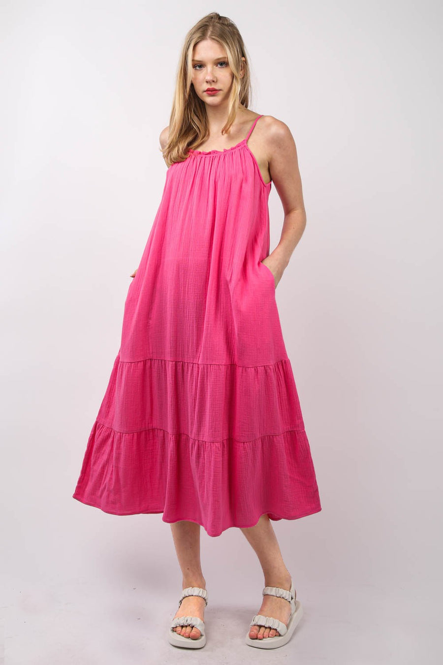 Fashion Sava | Ruffled A-Line Midi Dress | Elegant Cami Style - Fuchsia