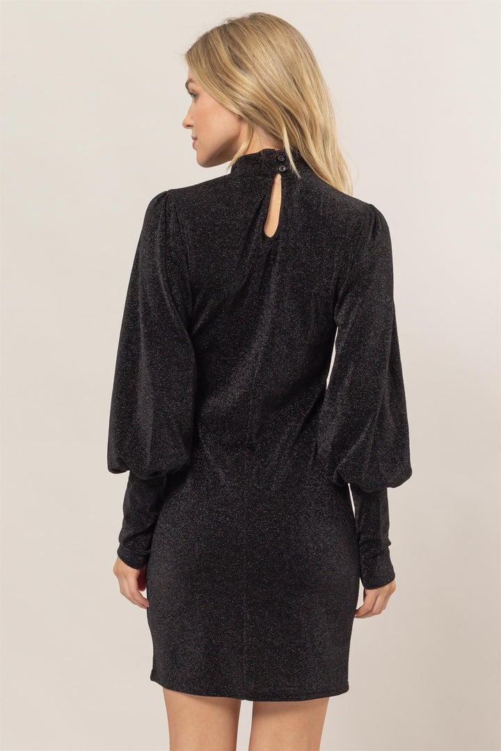Fashion Sava | Glitter Mini Dress | Mock Neck Long Sleeve - Black