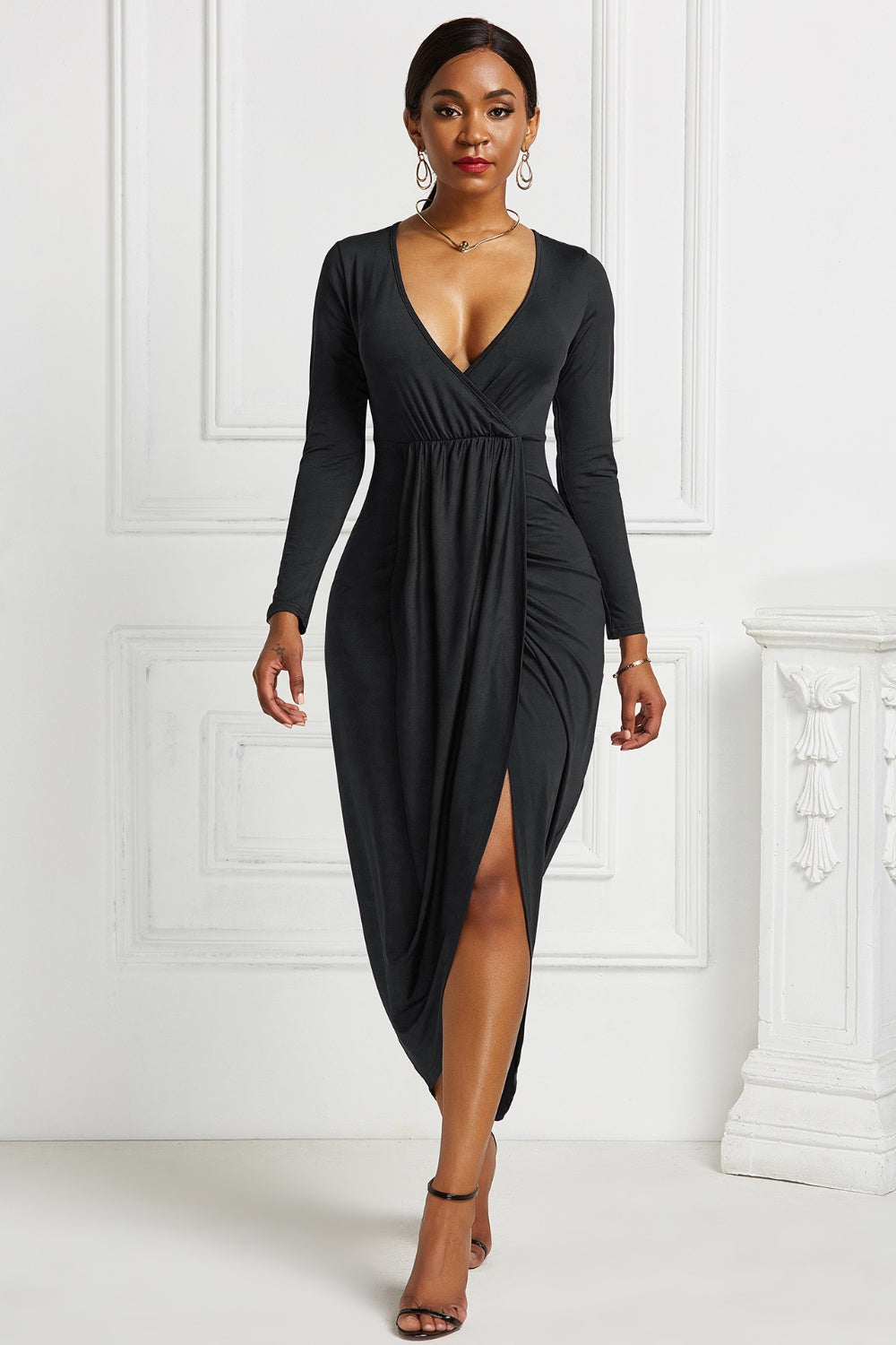 Fashion Sava | Ruched Surplice Dress | High-Low Elegance - Black Forest