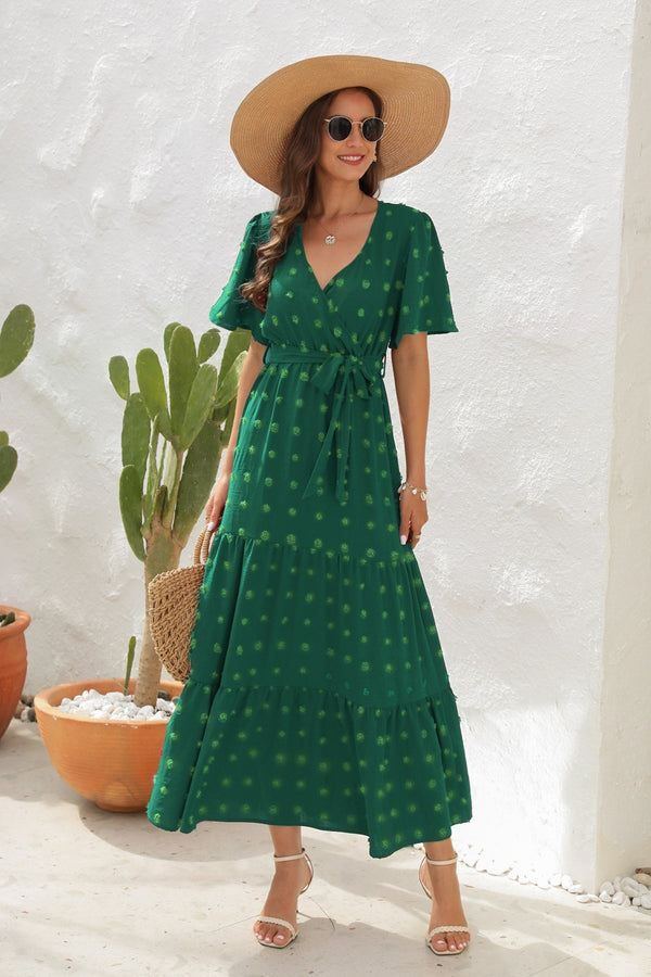 Fashion Sava | Swiss Dot Surplice Dress | Elegant Short Sleeve Style - Dark Green