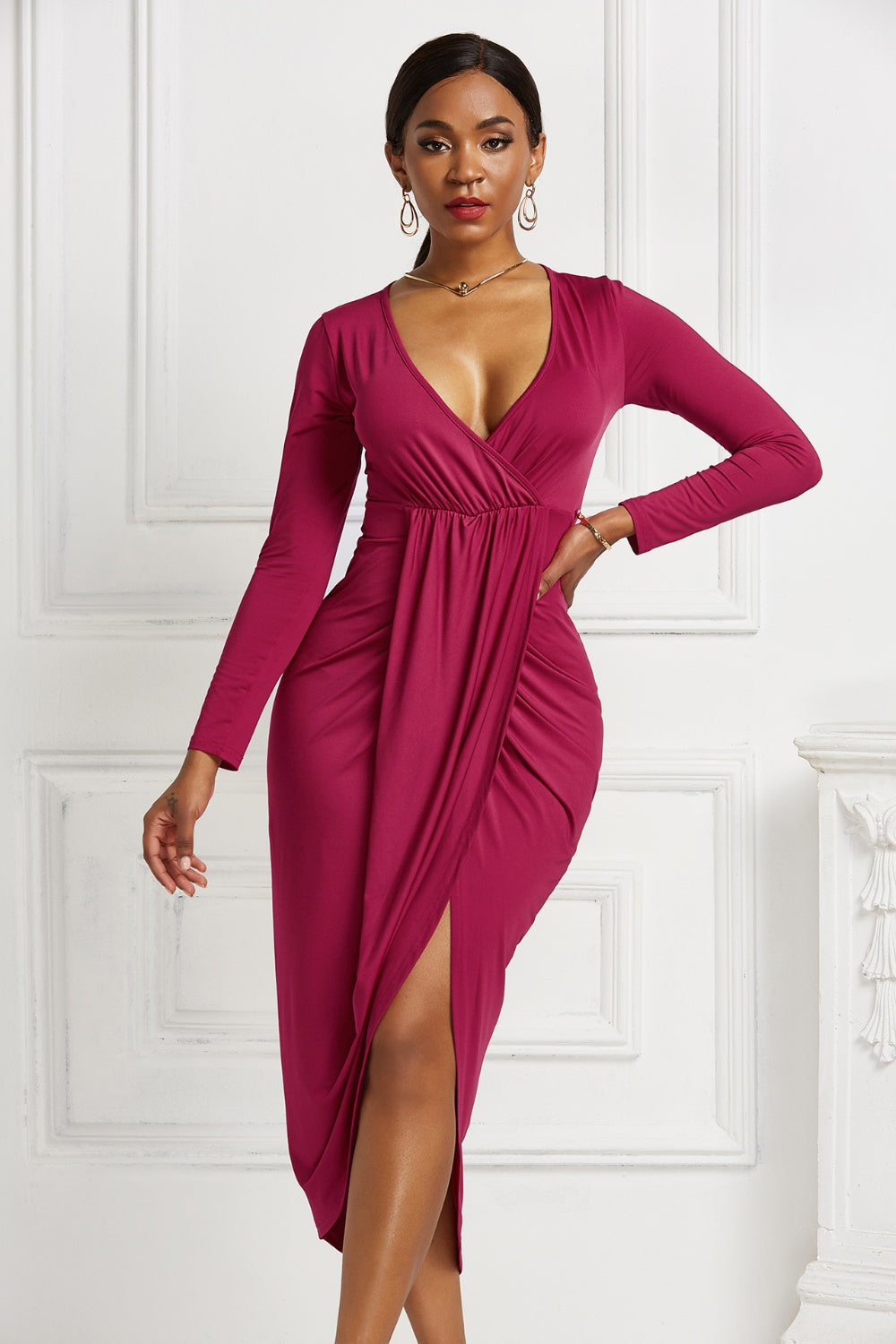 Maya Ruched Surplice Dress – MAY-A0816