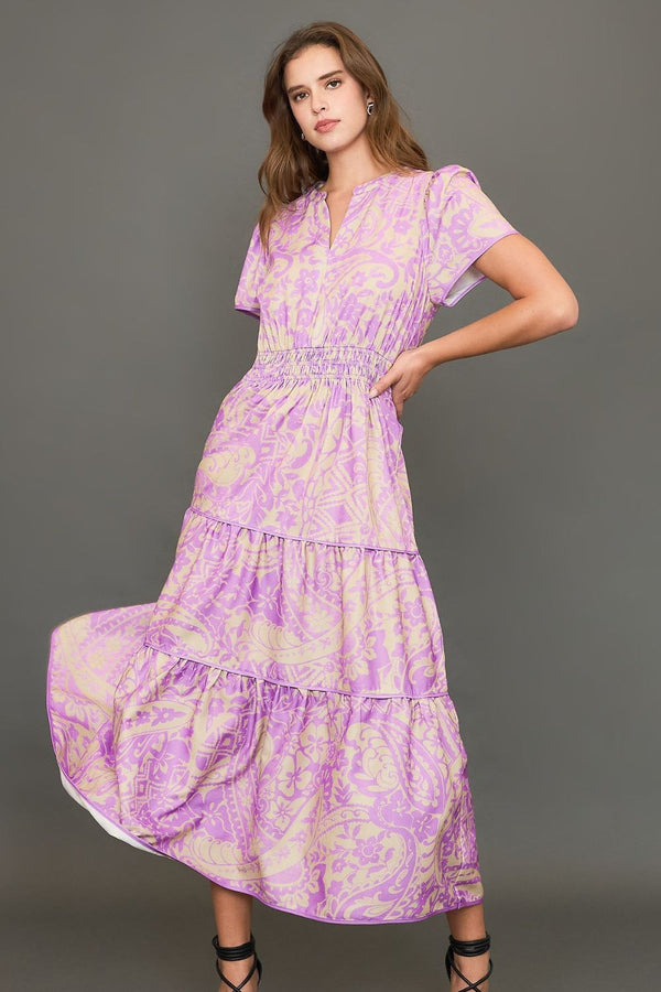 Fashion Sava | Umgee Printed Notched Tiered Dress | Plus Size - Heliotrope Purple