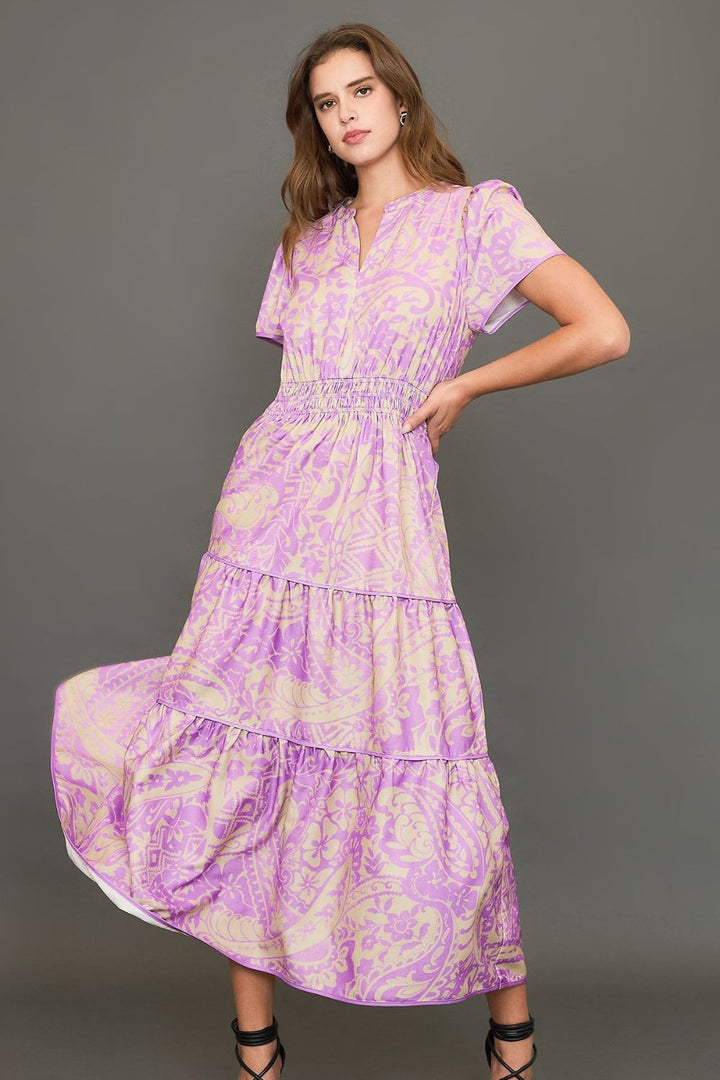 Fashion Sava | Umgee Printed Notched Tiered Dress | Plus Size - Heliotrope Purple