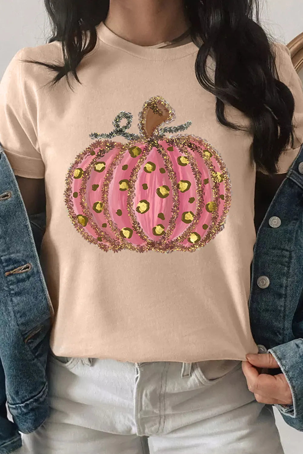 Camiseta de manga corta con cuello redondo y estampado de calabaza