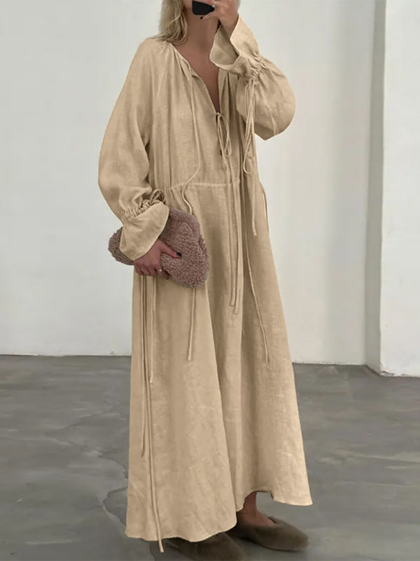 Fashion Sava | Flounce Sleeve Dress | Elegant Tie Neck Style - Tan