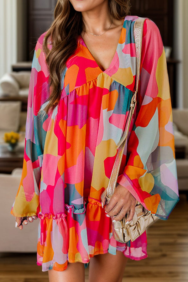 Fashion Sava | V-Neck Long Sleeve Dress | Versatile Style - Orange