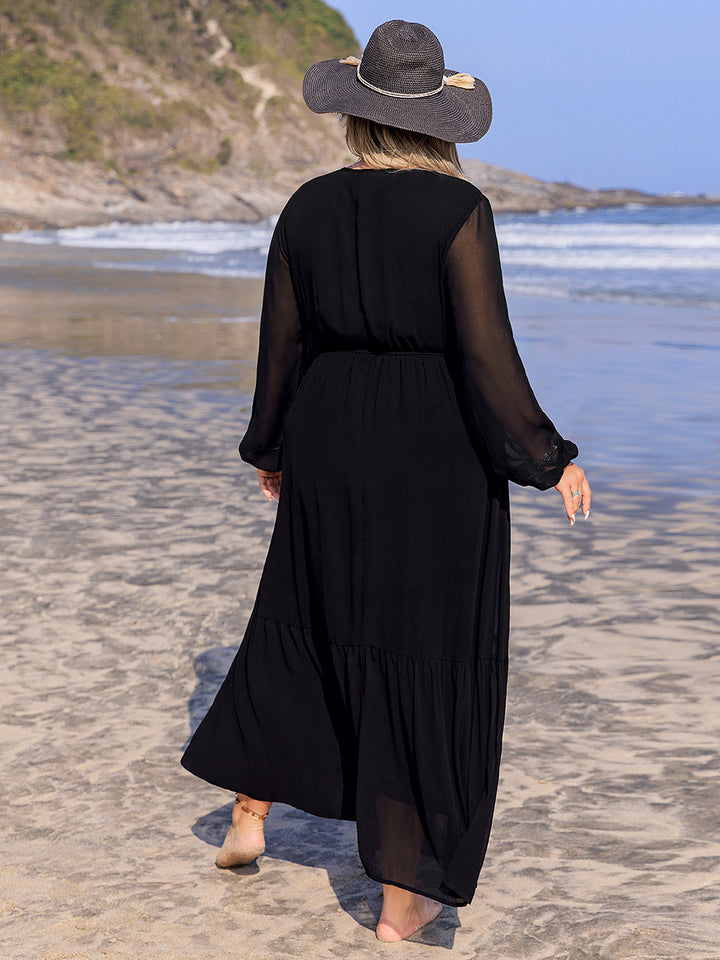 Fashion Sava | Embroidered Tie Neck Dress | Elegant Long Sleeve - Black