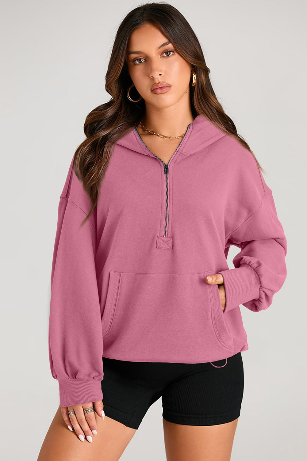 Pocketed Half Zip Long Sleeve Hoodie