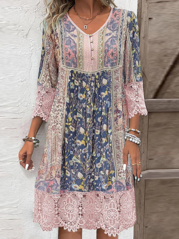 Fashion Sava | Lace Detail Dress | Elegant Three-Quarter Sleeve Style - Blush Pink