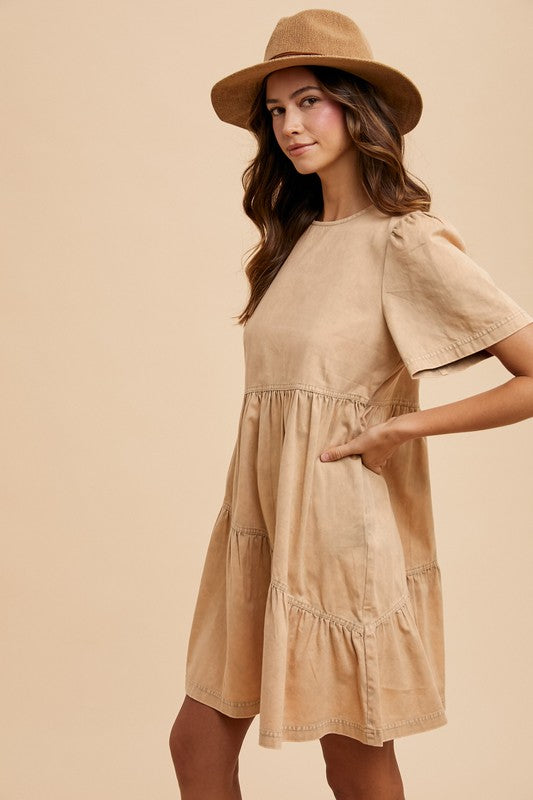 Fashion Sava | Mineral Washed Denim Dress | Casual Short Sleeve - Tan