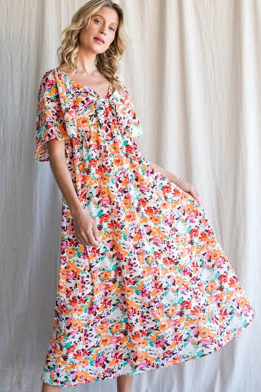 Fashion Sava | Floral Midi Dress | Sweetheart Neck Tie Front