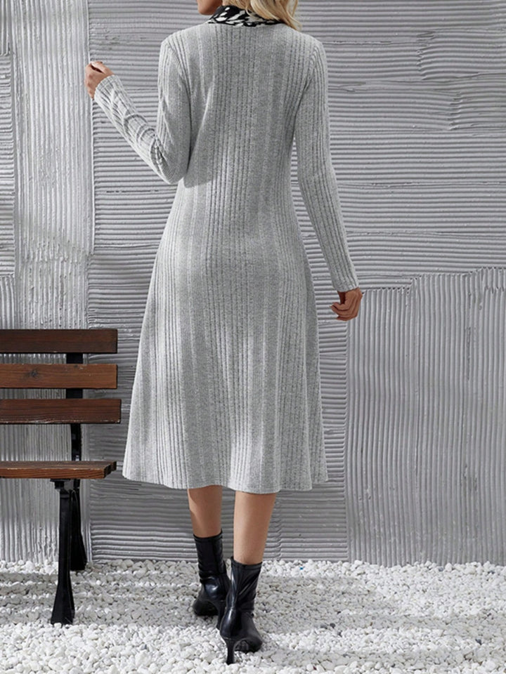Fashion Sava | V-Neck Midi Dress | Elegant Long Sleeve Style - Gray