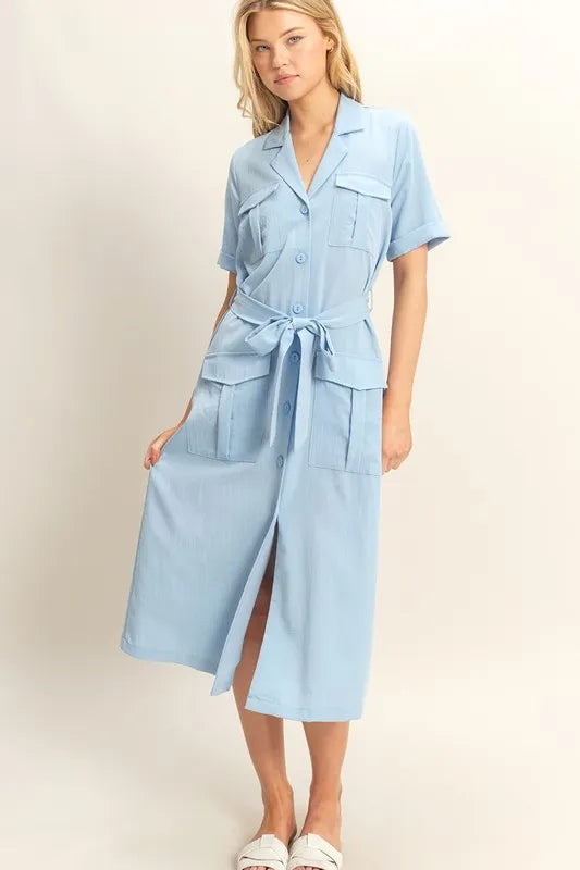 Fashion Sava | Safari Midi Dress | Button Front & Belted Style