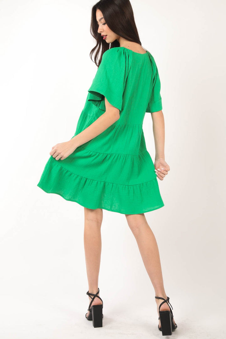 Fashion Sava | V-Neck Ruffled Tiered Dress | Textured Elegance - Green