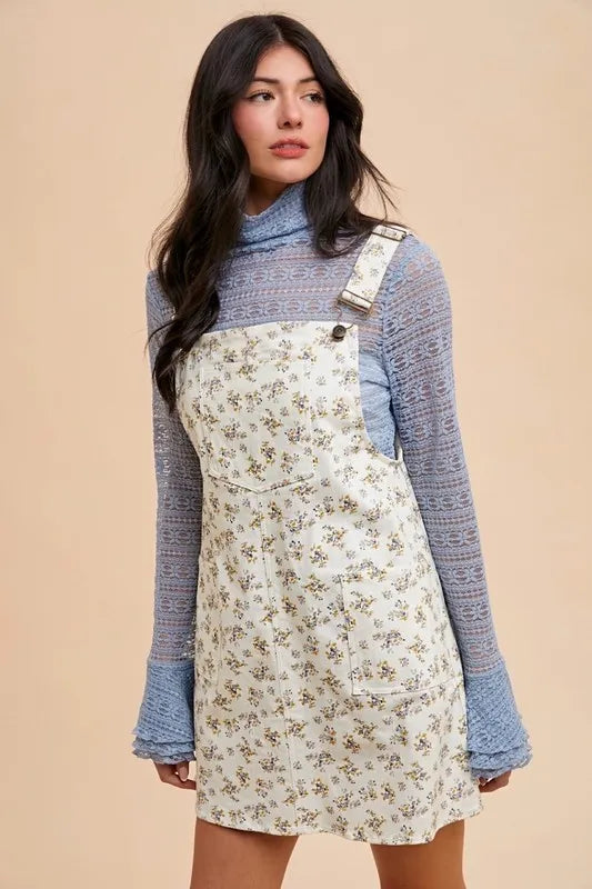 Fashion Sava | Denim Overall Mini Dress | Stretch Ditsy Print