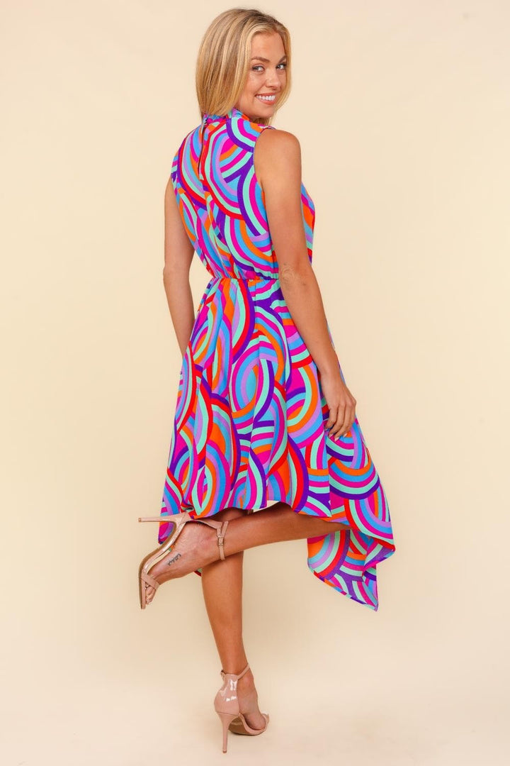 Fashion Sava | Mock Neck Sleeveless Dress | Printed Elegance - Blue/Orange/Lilac