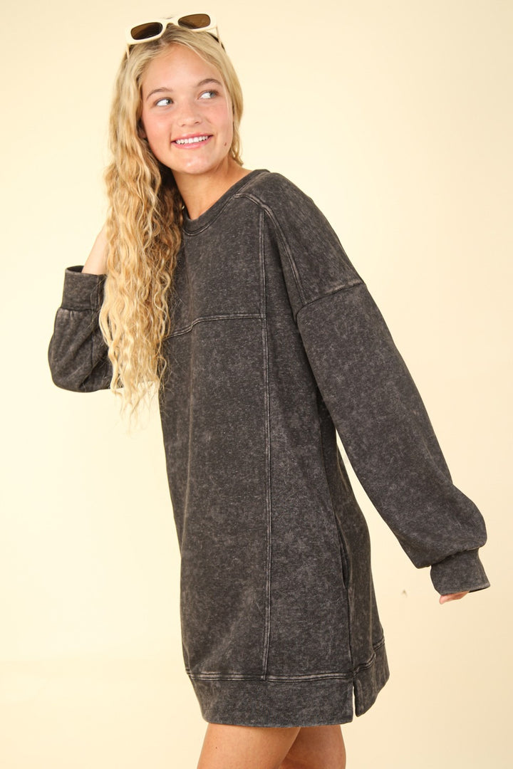 Fashion Sava | Mineral Washed Oversized Mini Dress | Trendy Casual Wear - Black