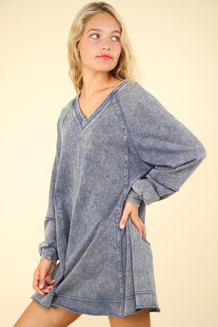 Fashion Sava | Mineral Washed Mini Dress | Oversized A-Line Style - Denim