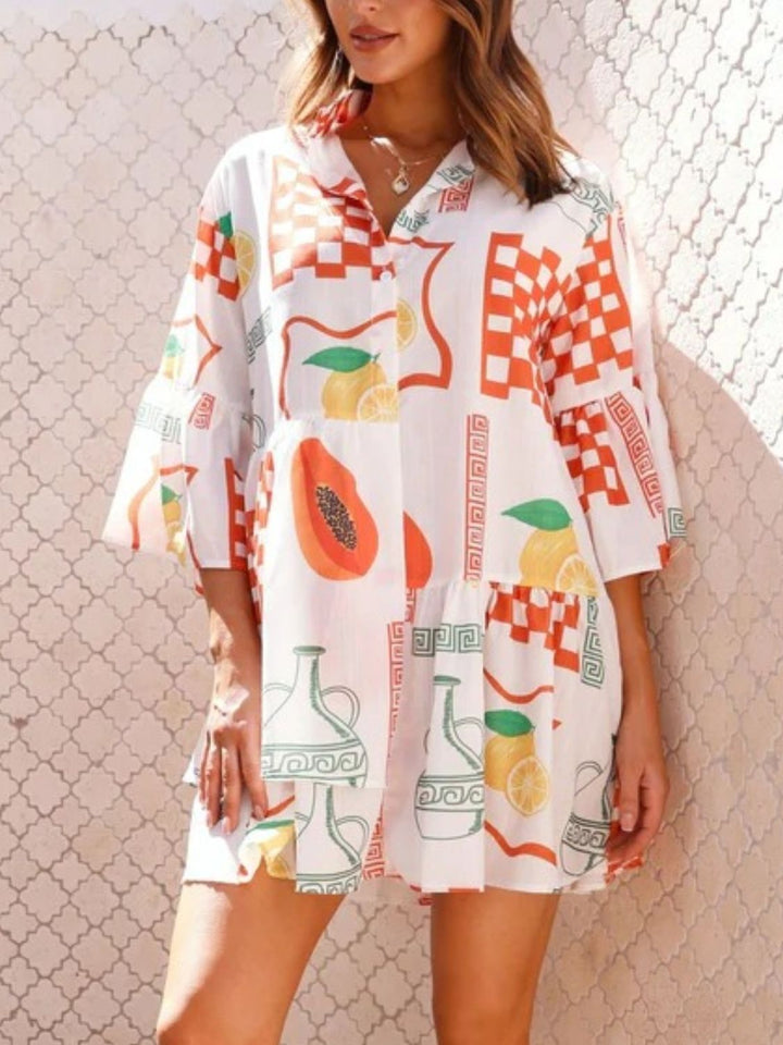 Fashion Sava | Three-Quarter Sleeve Mini Dress | Printed Design - Orange